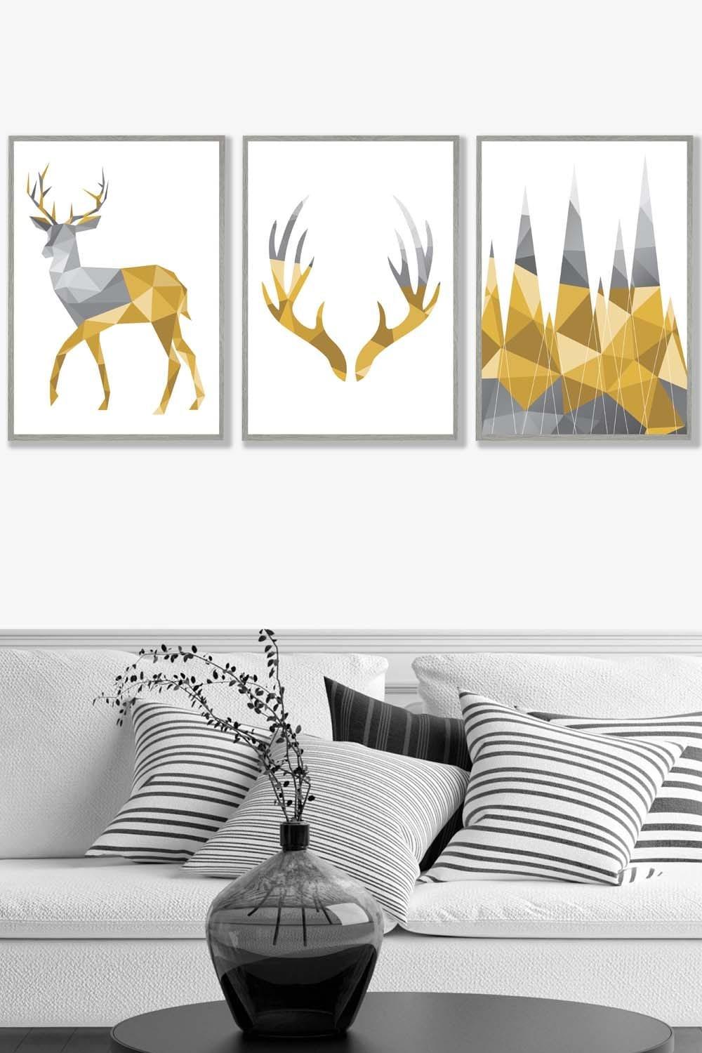 Geometric Yellow Grey Stags Set Framed Wall Art - Large